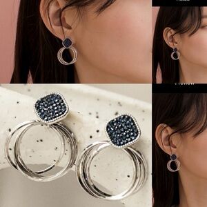 STUNNING Navy Blue Crystal Silver Dangle Hoop Earrings | Statement Jewelry | NWT